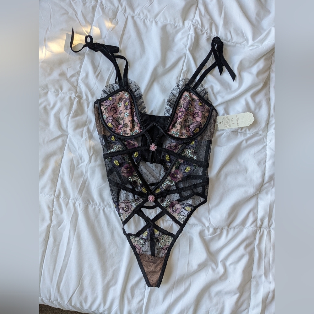 For Love And Lemons Floral Lace Bodysuit with Black Velour Straps